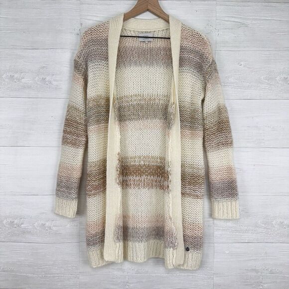 Anthropologie Numph Open Front Long Cardigan XS Stripe Cream Chunky Knit Mohair - Picture 14 of 16